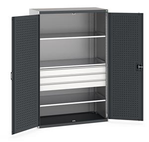 Bott cubio kitted cupboard with lockable steel perfo lined doors 1300mm wide x 650mm deep x 2000mm high.  Supplied with 3 x 125mm high drawers and 3 x metal shelves.   Drawer capacity 75kgs, shelf capacity 160kgs. ... 1300mm Wide 650mm deep Bott Cubio Cupboards
